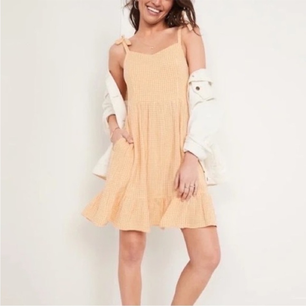 NWT Old Navy Gingham Plaid Dress Orange White Fall Tie Straps Fit Flare  Cami